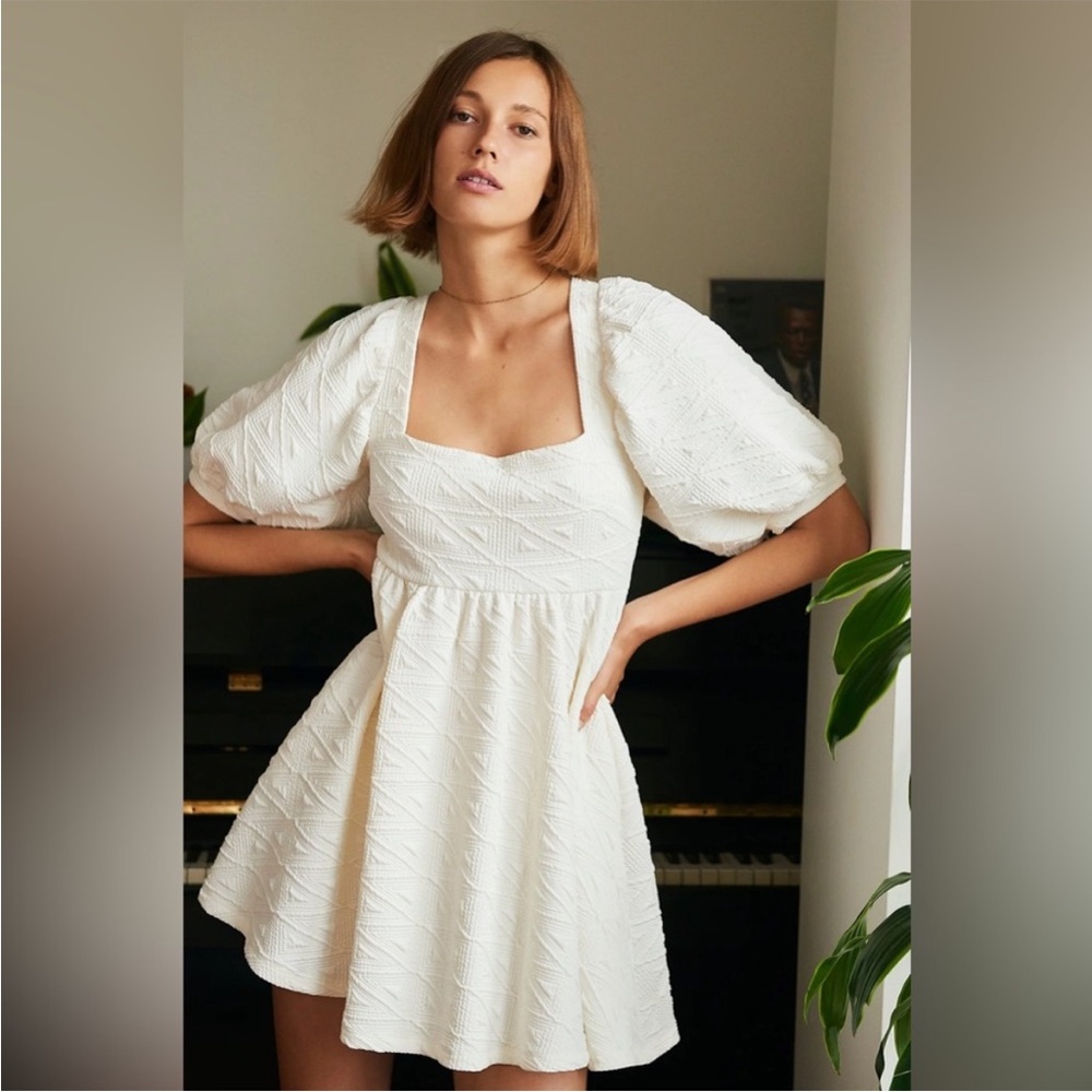 Free People Cream Smocked Puff Sleeve Mini Dress size small